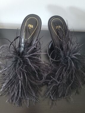 Zara Black Feather-Detail Slip On 4 Inch Heels